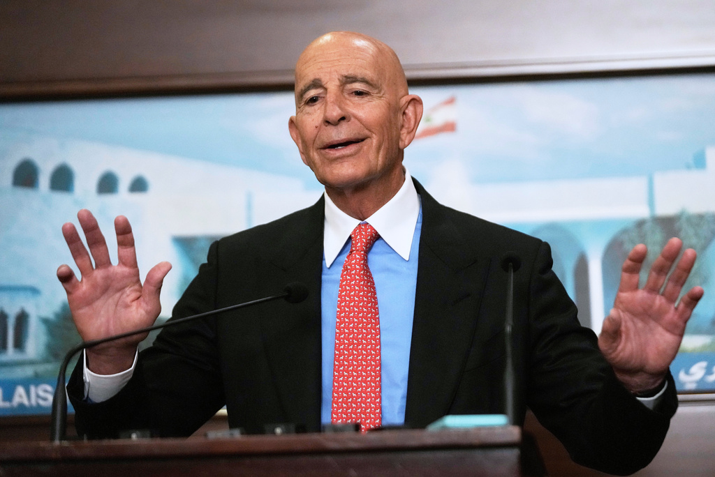 FILE - U.S. Ambassador to Turkey and Special Envoy to Syria Tom Barrack speaks during a press conference after he and other U.S. senators met with the Lebanese President Joseph Aoun, at the presidential palace in Baabda, east of Beirut, Lebanon, Aug. 26, 2025. (AP Photo/Hussein Malla, File)