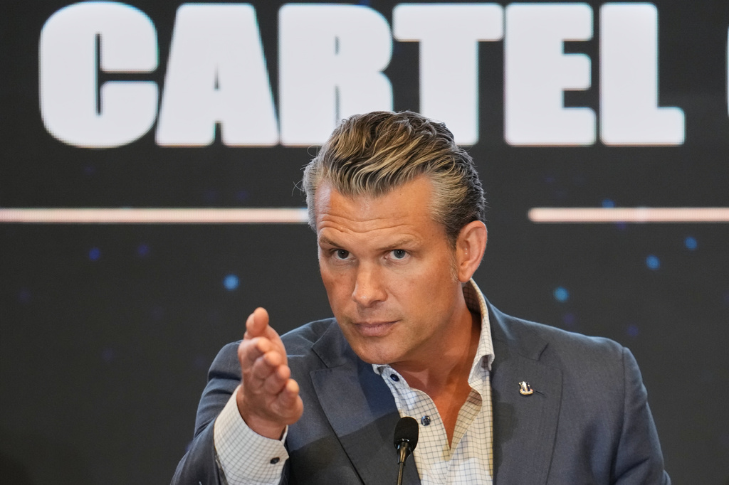 U.S. Defense Secretary Pete Hegseth speaks at a forum of The Americas Counter Cartel Coalition in Panama City, Wednesday, Aug. 12, 2026. (AP Photo/Matias Delacroix)