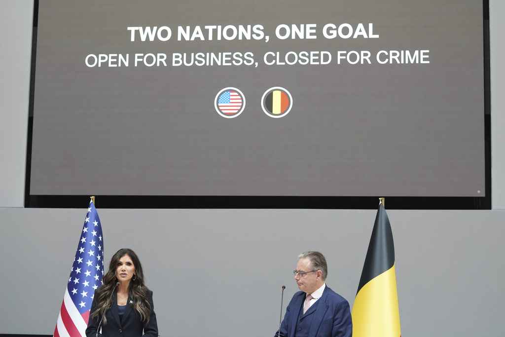 United States Secretary of Homeland Security Kristi Noem, left, participates in a press statement with Belgium's Prime Minister Bart De Wever during a visit to the Port of Antwerp in Antwerp, Belgium, Wednesday, Sept. 10, 2025. (AP Photo/Virginia Mayo)