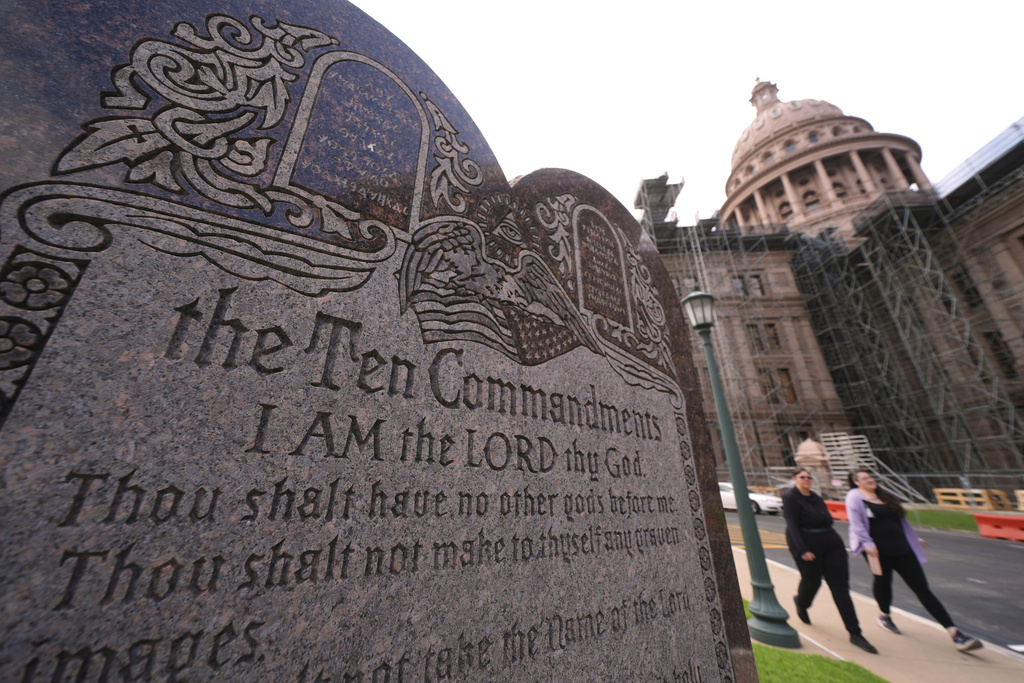 FILE - A granite Ten Commandments monument stands on the ground of the Texas Capitol, Thursday, May 29, 2025, in Austin, Texas. (AP Photo/Eric Gay)