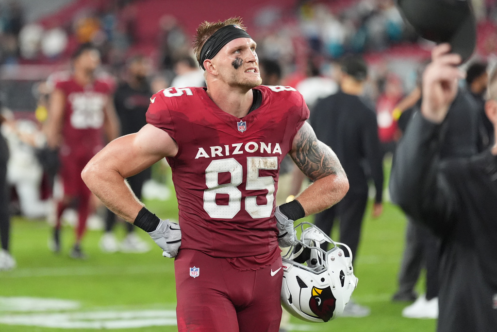 Arizona Cardinals tight end Trey McBride reacts after an NFL football game against the Jacksonville Jaguars Sunday, Nov. 23, 2025, in Glendale, Ariz. (AP Photo/Ross D. Franklin)