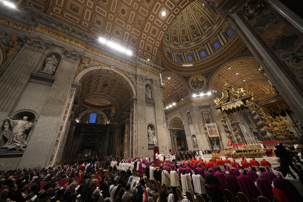 Pope Leo XIV presides over the first Vespers and the 'Te Deum' in St. Peter's Basilica at the Vatican, Wednesday, Dec. 31, 2025. (AP Photo/Andrew Medichini)