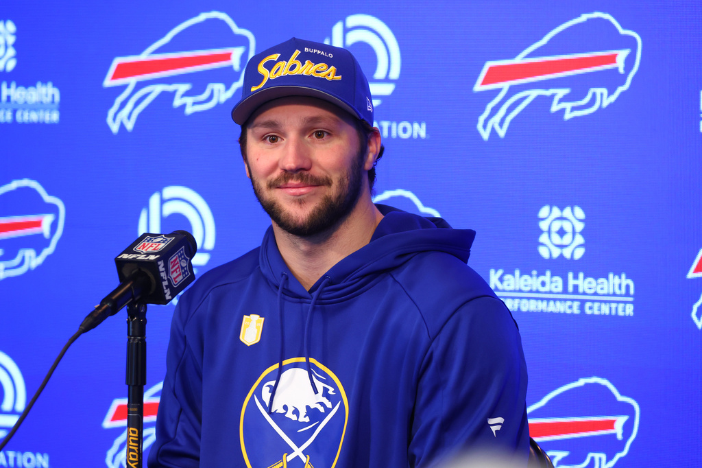 Buffalo Bills quarterback Josh Allen addresses the media during an NFL football news conference Monday, April 20, 2026, in Orchard Park, N.Y. (AP Photo/Jeffrey T. Barnes)