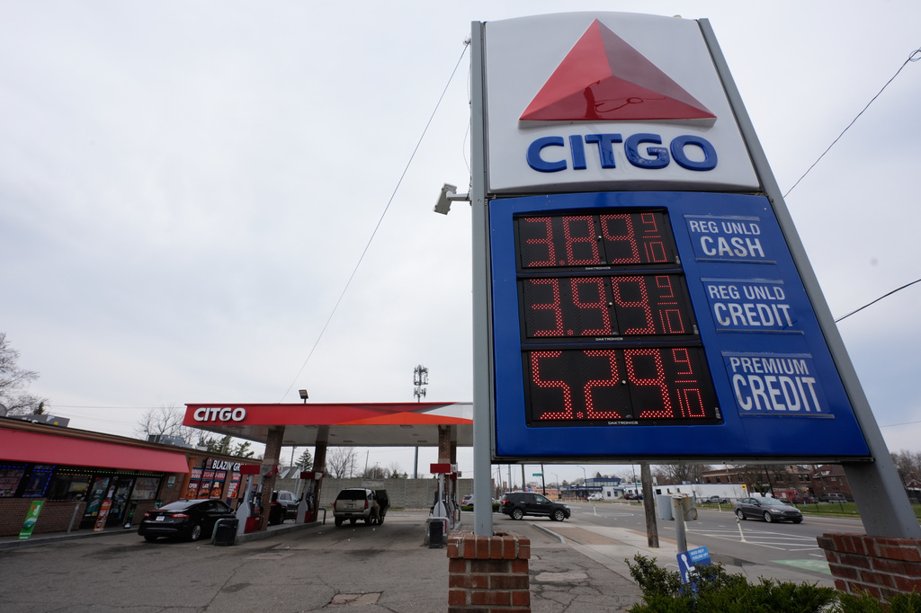 Gas prices are shown Tuesday, March 31, 2026, in Detroit. (AP Photo/Paul Sancya)