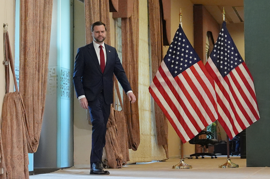 Vice President JD Vance arrives for news conference after meeting with representatives from Pakistan and Iran, Sunday, April 12, 2026, in Islamabad, Pakistan. (AP Photo/Jacquelyn Martin, Pool)