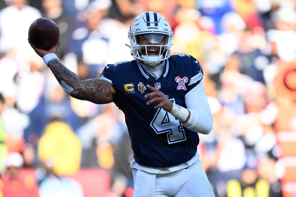 Dallas Cowboys quarterback Dak Prescott throws during the first half an NFL football game against the Washington Commanders Thursday, Dec. 25, 2025, in Landover, Md. (AP Photo/Nick Wass)