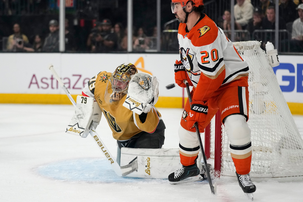 Vegas Golden Knights goaltender Carter Hart (79) attempts to stop a shot by the Anaheim Ducks during the first period of Game 2 of a second-round NHL hockey Stanley Cup playoff series Wednesday, May 6, 2026, in Las Vegas. (AP Photo/John Locher)