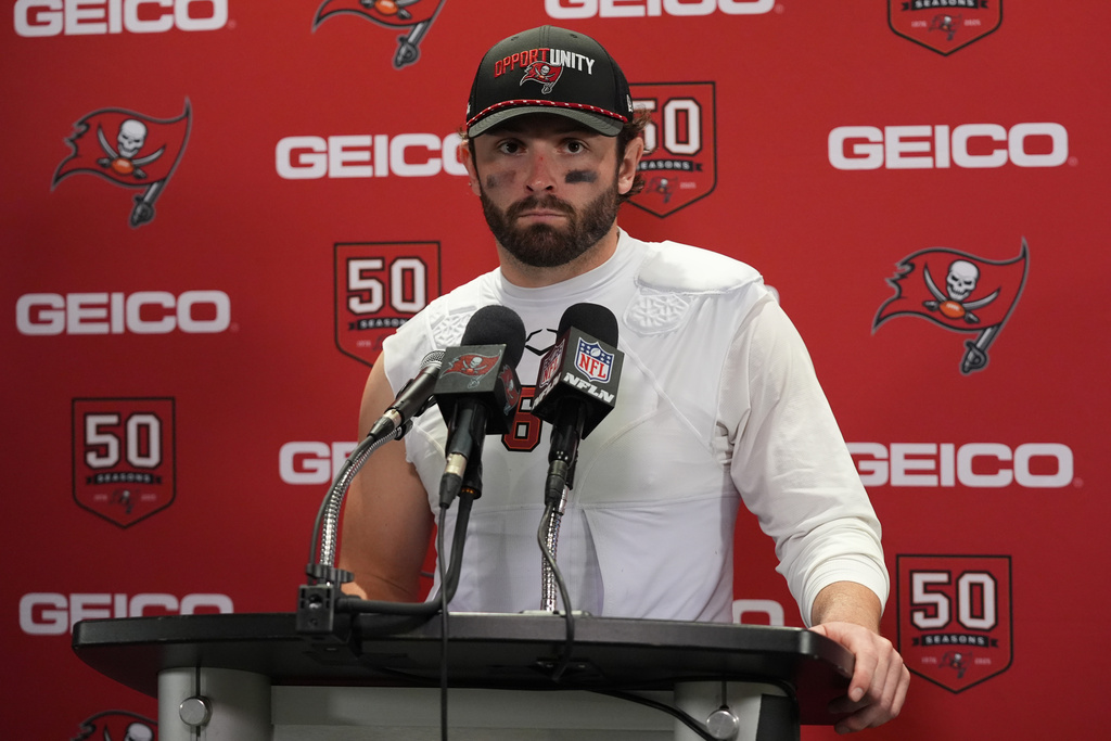 Tampa Bay Buccaneers quarterback Baker Mayfield speaks during a news conference after an NFL football game against the Miami Dolphins, Sunday, Dec. 28, 2025, in Miami Gardens, Fla. (AP Photo/Lynne Sladky)
