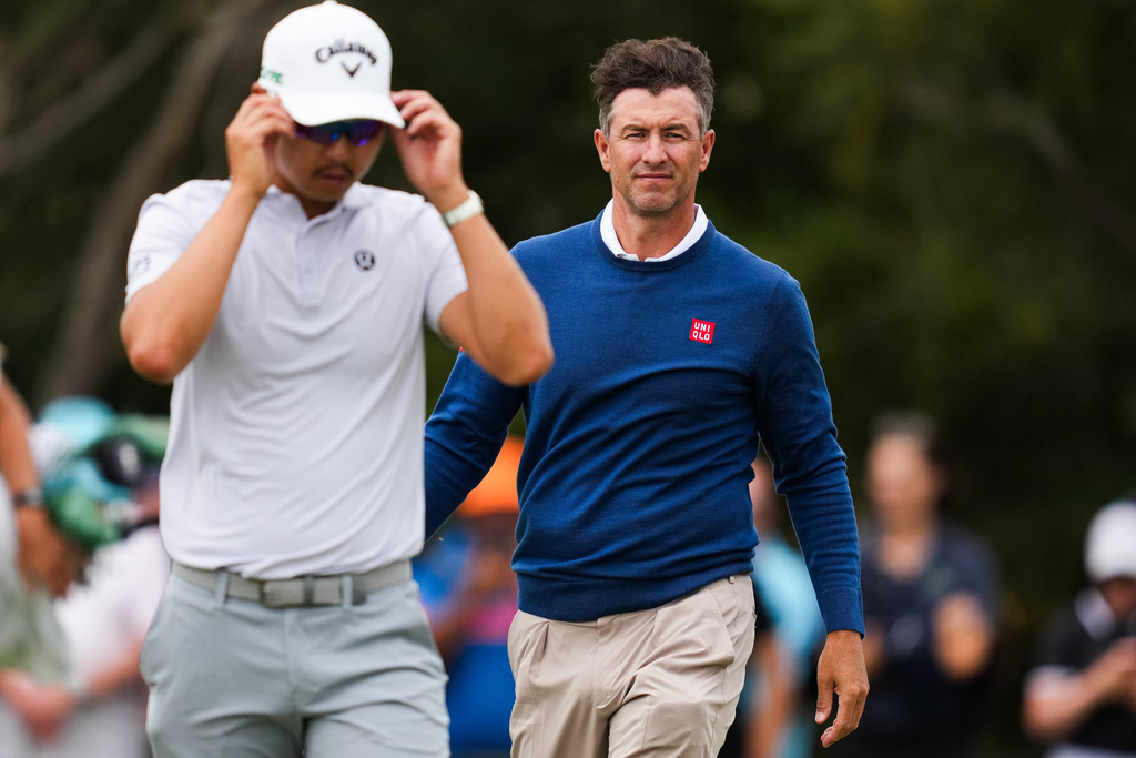 Adam Scott of Australia on the 9th Hole after completing his 1st round during the first round of the Australian Open golf tournament in Melbourne, Australia, Thursday, Dec. 4, 2025. (AP Photo/Asanka Brendon Ratnayake)