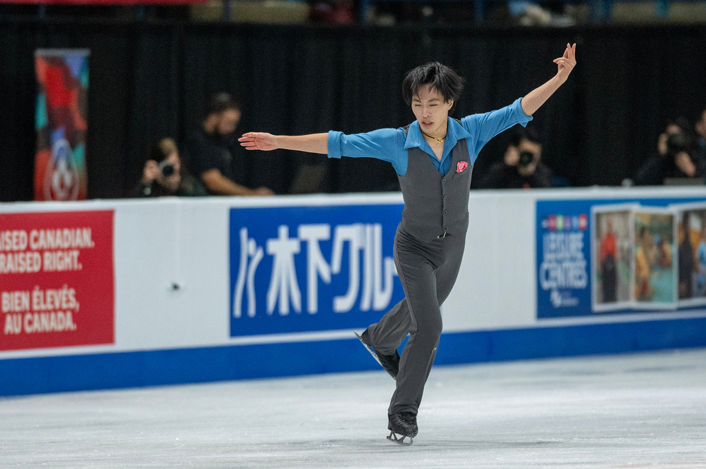 Kao Miura, of Japan, performs in the men's free program of the Skate Canada International figure skating competition in Saskatoon, Saskatchewan, Sunday, Nov. 2, 2025. (Liam Richards/The Canadian Press via AP)