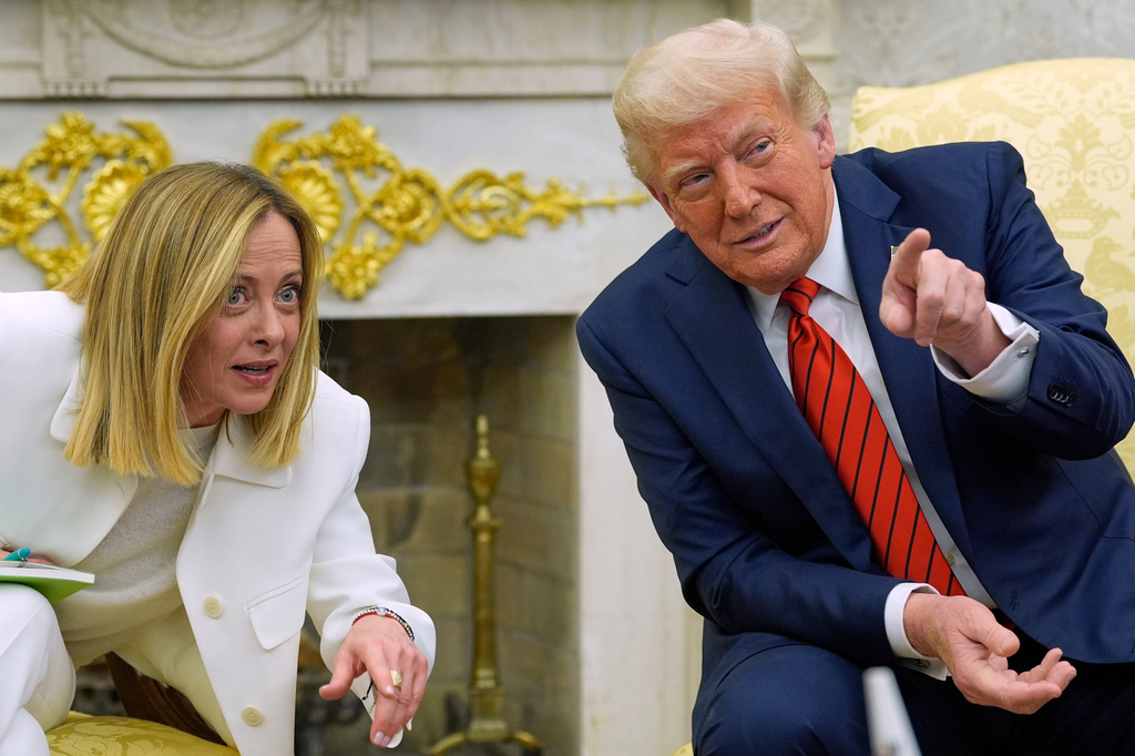 FILE - President Donald Trump meets with Italy's Prime Minister Giorgia Meloni in the Oval Office of the White House, Thursday, April 17, 2025, in Washington. (AP Photo/Alex Brandon, File)