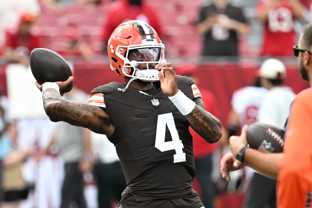 Cleveland Browns quarterback Deshaun Watson (4) warms up before an NFL football game against the Tampa Bay Buccaneers in Tampa, Fla., Sunday, Sept. 20, 2026. (AP Photo/Jason Behnken)