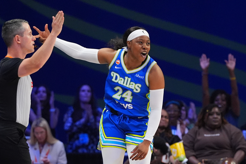 Dallas Wings guard Arike Ogunbowale reacts to scoring a three pointer during the first half of a WNBA basketball game against the Washington Mystics in Arlington, Texas, Monday, May 18, 2026. (AP Photo/LM Otero)