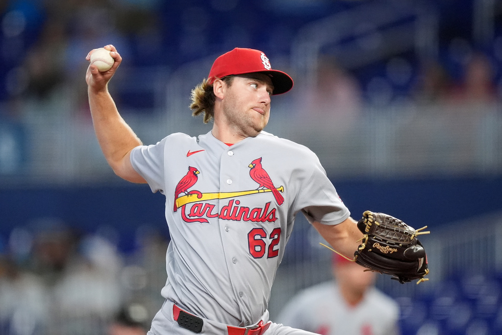 St. Louis Cardinals starting pitcher Kyle Leahy pitches during the second inning of a baseball game against the Miami Marlins, Wednesday, April 22, 2026, in Miami. (AP Photo/Rebecca Blackwell)
