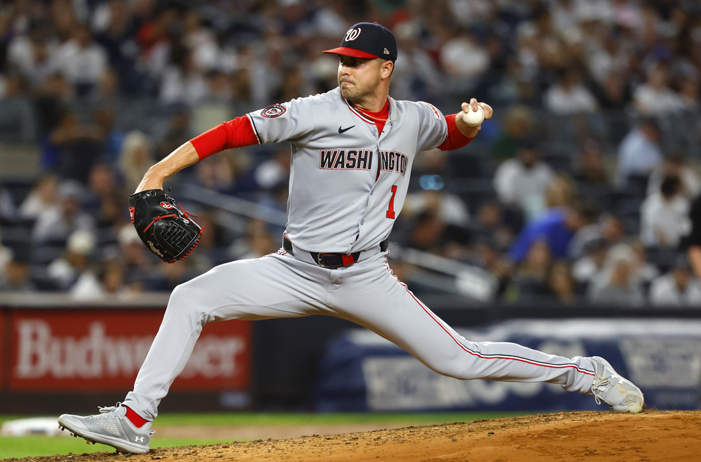 Washington Nationals' MacKenzie Gore throws against the New York Yankees during the third inning of a baseball game, Tuesday, Aug. 26, 2025, in New York. (AP Photo/Noah K. Murray)