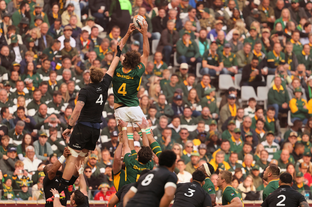 South Africa's Eben Etzebeth, top right, wins a line out against New Zealand's Fabian Holland during a second Test rugby match between South Africa and New Zealand, in Cape Town, South Africa, Saturday, Aug. 29, 2026. (AP Photo/Halden Krog)