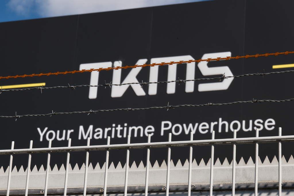 The administration building of Thyssenkrupp Marine Systems (TKMS) in Schleswig-Holstein, Germany, Wednesday, Oct. 1, 2025. (Marcus Golejewski/dpa via AP)