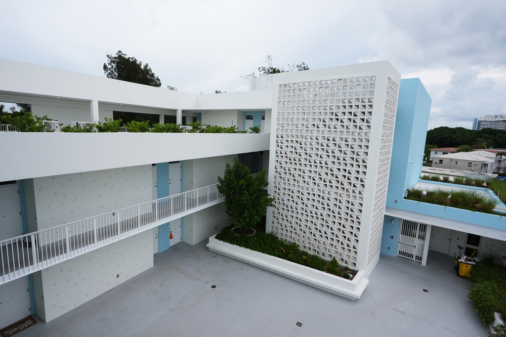 The Vista Breeze affordable senior housing project, designed by the architectural firm Brooks Scarpa Huber, is elevated 10 feet from sea level, and is a real-world application of how to live with the threats of water Wednesday, Aug. 5, 2026, in Miami Beach, Fla. (AP Photo/Lynne Sladky)