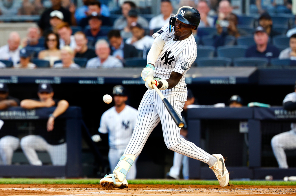 New York Yankees' Jazz Chisholm Jr. hits a home run against the Pittsburgh Pirates during the first inning of a baseball game, Monday, July 20, 2026, in New York. (AP Photo/Noah K. Murray)