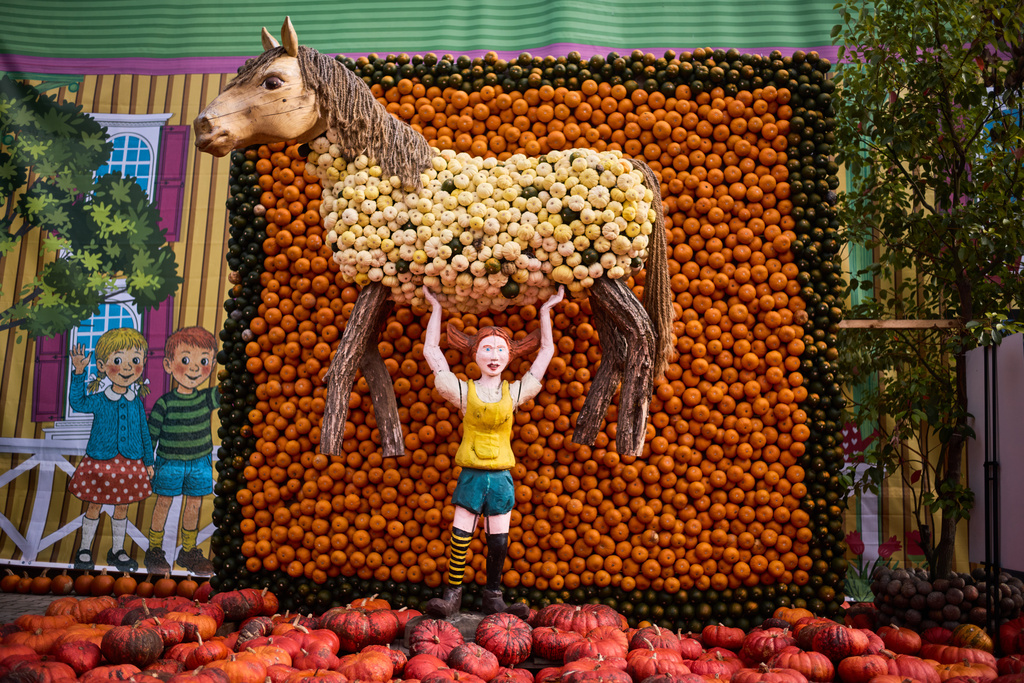 A pumpkin sculpture depicting fictional Swedish book character Pippi Longstocking, is displayed at Klaistow farm’s annual pumpkin festival, which this year celebrates “powerful women,” in Beelitz near Berlin, Germany, Tuesday, Oct. 21, 2025. (AP Photo/Markus Schreiber)