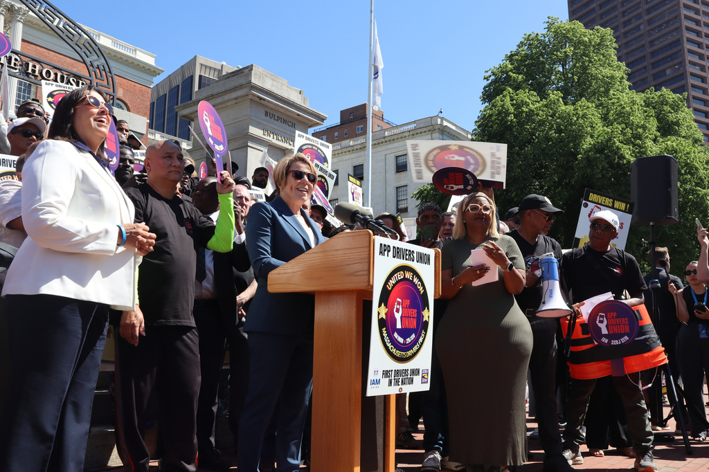 Massachusetts Democratic Gov. Maura Healey speaks during a rally outside the Massachusetts State House after the App Drivers Union announced it had become the first certified union of rideshare drivers in the nation, on Tuesday, May 26, 2026, in Boston. (AP Photo/Leah Willingham)