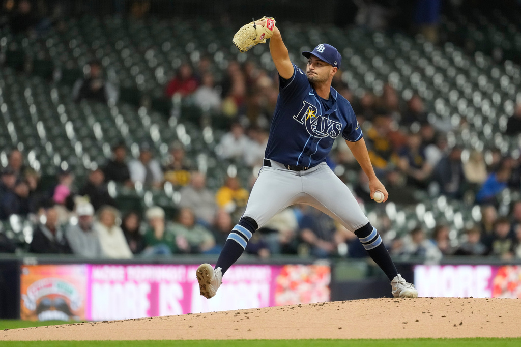 Tampa Bay Rays' Shane McClanahan pitches during the first inning of a baseball game against the Milwaukee Brewers, Tuesday, March 31, 2026, in Milwaukee. (AP Photo/Aaron Gash)
