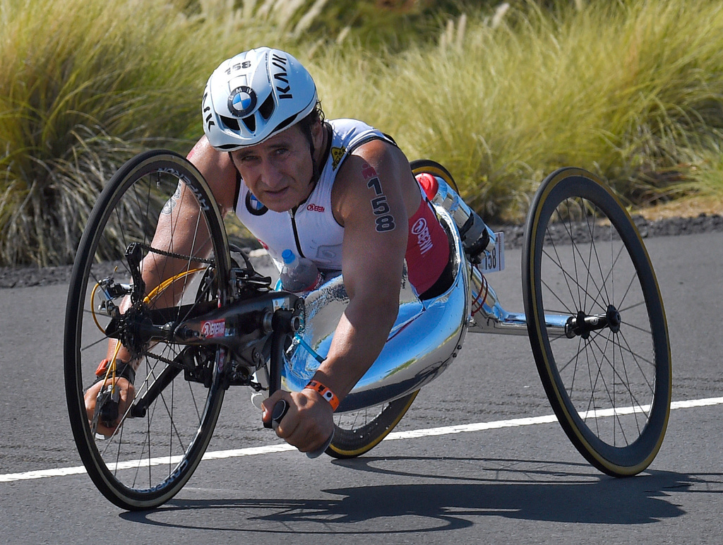 FILE - In this Saturday, Oct. 10, 2015 file photo, Alex Zanardi, of Italy, rides during the cycling portion of the Ironman World Championship Triathlon, in Kailua-Kona, Hawaii. (AP Photo/Mark J. Terrill, File)