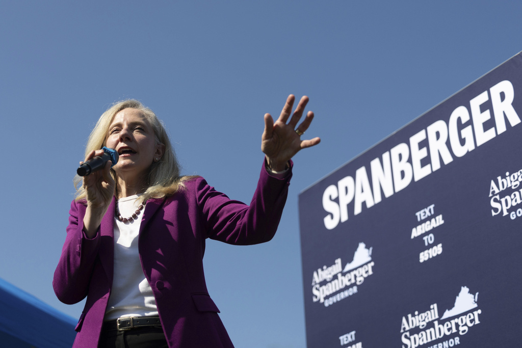 Democratic gubernatorial candidate Abigail Spanberger speaks to a crowd on the first day of early voting in Henrico County, Va., Friday, Sept. 19, 2025. (Mike Kropf /Richmond Times-Dispatch via AP)