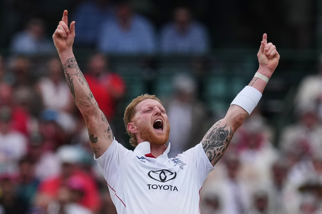 FILE - England's Ben Stokes appeals successfully for the wicket of Australia's Jake Weatherald during play on day two of the fifth and final Ashes cricket test between England and Australia in Sydney, Jan. 5, 2026. (AP Photo/Mark Baker, File)