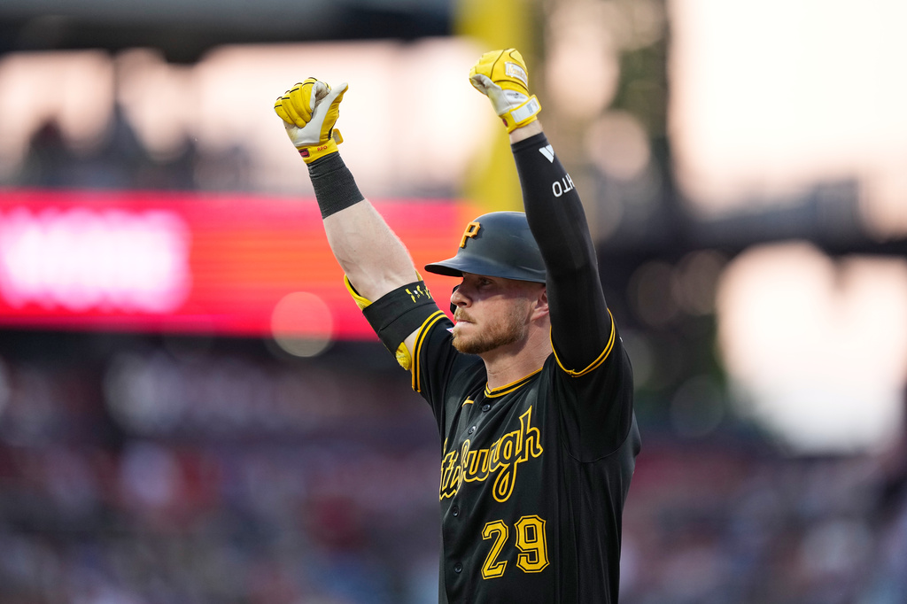 Pittsburgh Pirates' Ryan O'Hearn reacts after hitting a run-scoring single against Philadelphia Phillies pitcher Aaron Nola during the fifth inning of a baseball game Monday, June 29, 2026, in Philadelphia. (AP Photo/Matt Slocum)