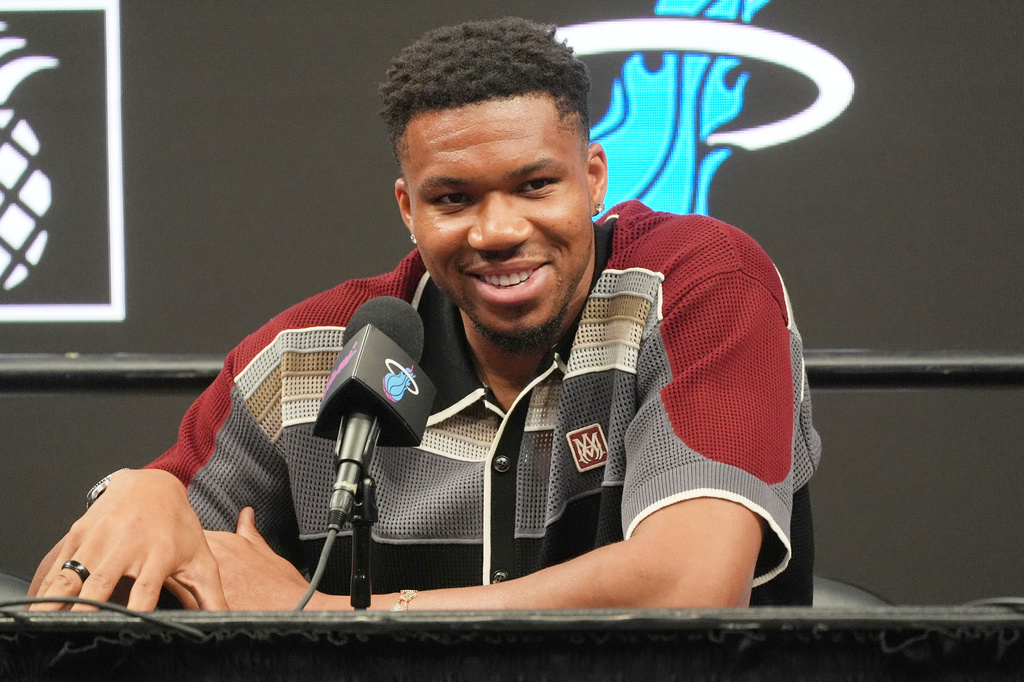 FILE - Giannis Antetokounmpo speaks during a news conference where he is introduced as a new member of the Miami Heat team Thursday, July 16, 2026, in Miami. (AP Photo/Marta Lavandier, file)