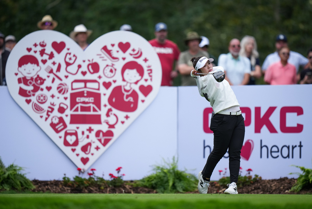 Miyu Yamashita, of Japan, hits her tee shot on the ninth hole during the first round at the LPGA Canadian Women's Open golf tournament in Edmonton, Alberta, Thursday, Aug. 20, 2026. (Darryl Dyck/The Canadian Press via AP)