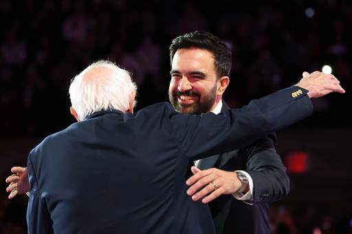 New York City mayoral candidate Zohran Mamdani, right, hugs Sen. Bernie Sanders, I-Vt., before speaking during a rally, Sunday, Oct. 26, 2025, in New York. (AP Photo/Heather Khalifa) New York City mayoral candidate Zohran Mamdani, right, hugs Sen. Bernie Sanders, I-Vt., before speaking during a rally, Sunday, Oct. 26, 2025, in New York. (AP Photo/Heather Khalifa)