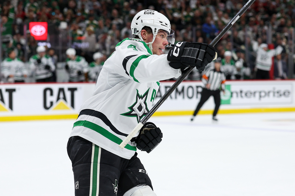 Dallas Stars defenseman Miro Heiskanen celebrates after his goal against the Minnesota Wild during the second period of Game 4 in the first round of the NHL Stanley Cup hockey playoffs Saturday, April 25, 2026, in St. Paul, Minn. (AP Photo/Matt Krohn)