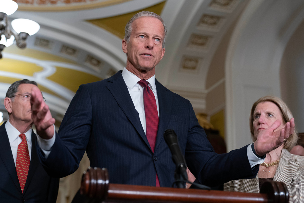 Senate Majority Leader John Thune, R-S.D., speaks to reporters after a weekly Republican luncheon, at the Capitol in Washington, Tuesday, March 10, 2026. (AP Photo/Jose Luis Magana)