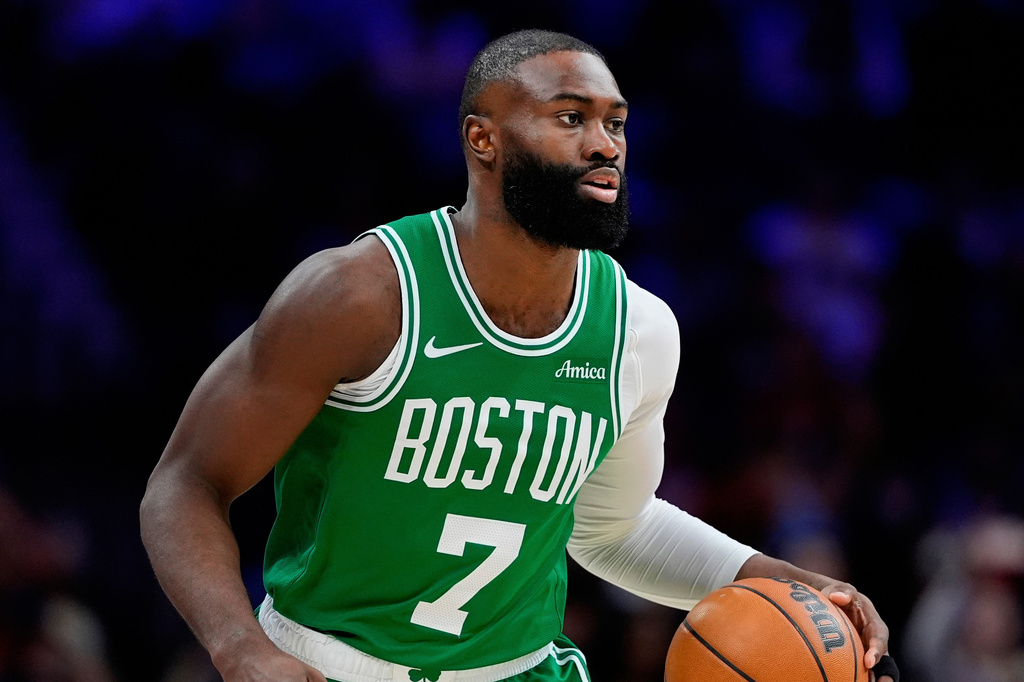FILE - Boston Celtics' Jaylen Brown plays during Game 6 in a first-round NBA basketball playoff series Thursday, April 30, 2026, in Philadelphia. (AP Photo/Matt Slocum,File)