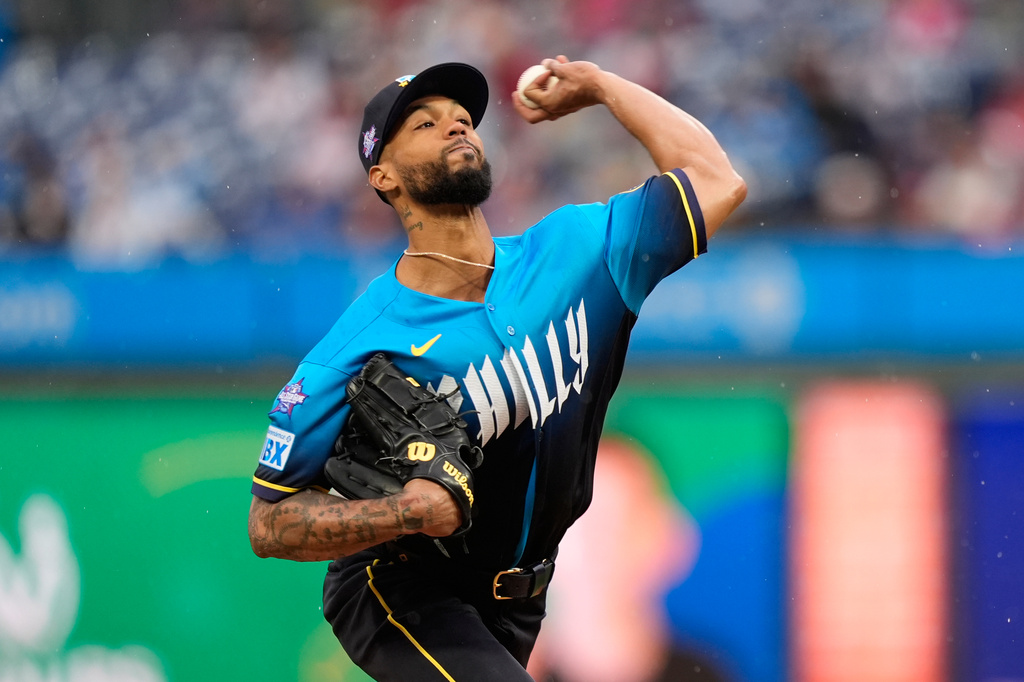 Philadelphia Phillies' Cristopher Sánchez pitches during the first inning of a baseball game against the Cleveland Guardians Friday, May 22, 2026, in Philadelphia. (AP Photo/Matt Slocum)