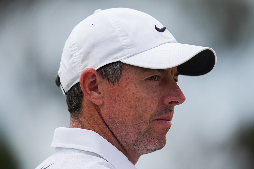 Rory McIlroy of Northern Ireland reacts during the first round of the Australian Open golf tournament in Melbourne, Australia, Thursday, Dec. 4, 2025. (AP Photo/Asanka Brendon Ratnayake)