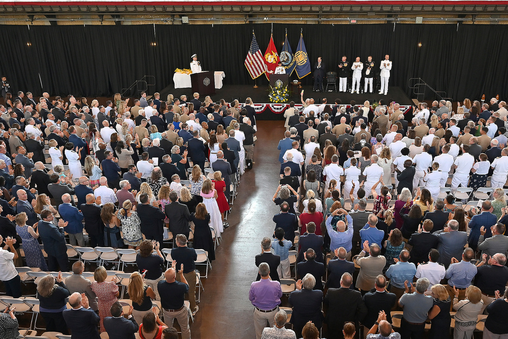 Outgoing Superintendent Vice Admiral Yvette M. Davids, U.S. Navy, gives remarks during a Change of Command Ceremony in Annapolis, Md., Friday, Aug. 15, 2025. (Paul W. Gillespie/Capital Gazette via AP)