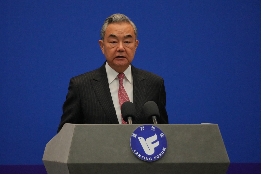 Chinese Foreign Minister Wang Yi delivers his opening remarks at the Lanting Forum on Improving Global Governance to Build a Community with a Shared Future for Humanity, at the Ministry of Foreign Affairs office, in Beijing, Monday, Oct. 27, 2025. (AP Photo/Andy Wong)