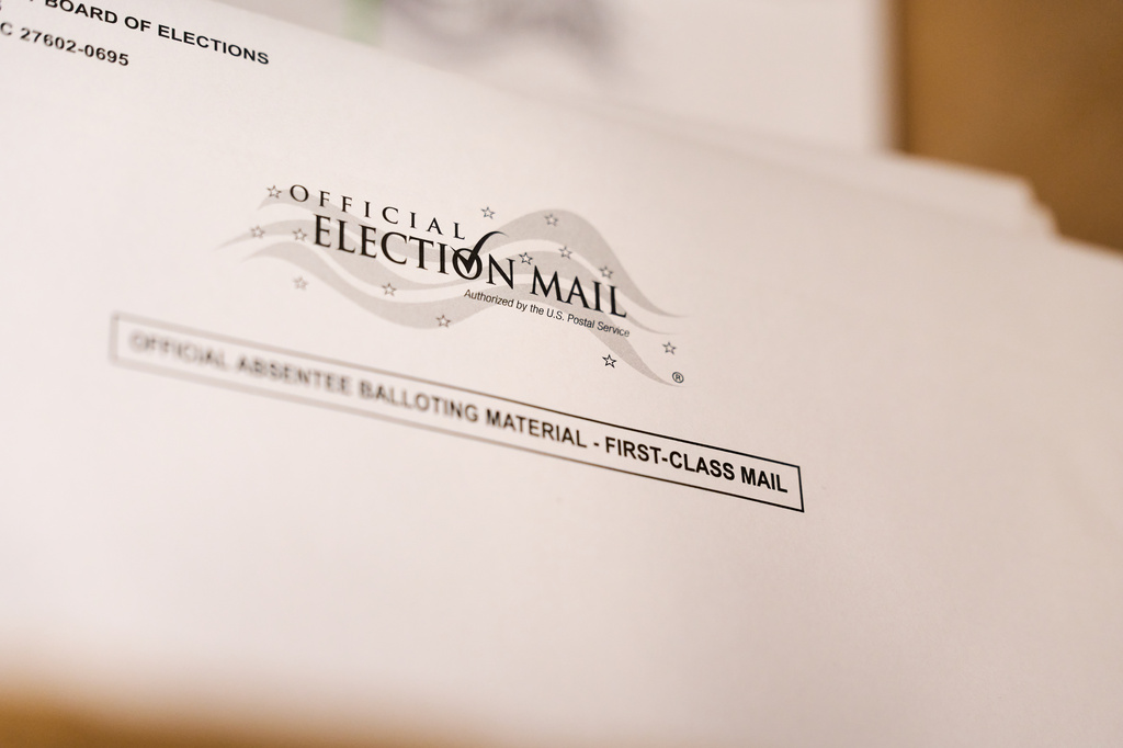 Envelopes for mail-in ballots at the Wake County Board of Elections are seen on Thursday, Sept. 3, 2026, in Raleigh, N.C. (AP Photo/Matt Ramey)