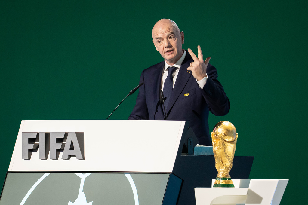 FIFA President Gianni Infantino speaks during the 76th FIFA Congress in Vancouver, British Columbia, Thursday, April 30, 2026. (Ethan Cairns/The Canadian Press via AP)