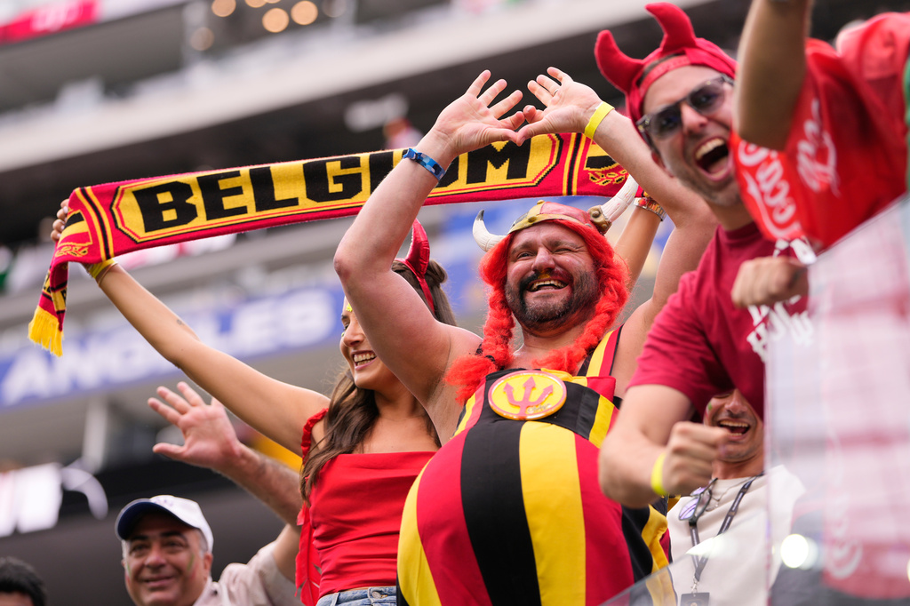 Fans of Belgium cheer prior to the World Cup Group G soccer match between Belgium and Iran in Inglewood, Calif., near Los Angeles, Sunday, June 21, 2026. (AP Photo/Mark J. Terrill)
