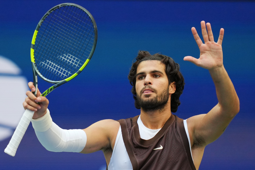 Carlos Alcaraz, of Spain, reacts during the third round of the U.S. Open tennis championships against Wu Yibing, of China, Friday, Sept. 4, 2026, in New York. (AP Photo/Kirsty Wigglesworth)