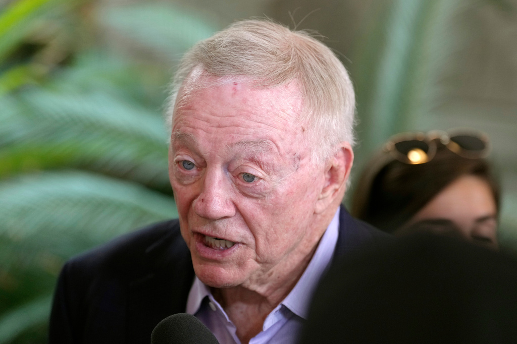Dallas Cowboys owner Jerry Jones speaks to reporters at the NFL football annual meetings, Tuesday, March 31, 2026, in Phoenix. (AP Photo/Ross D. Franklin)