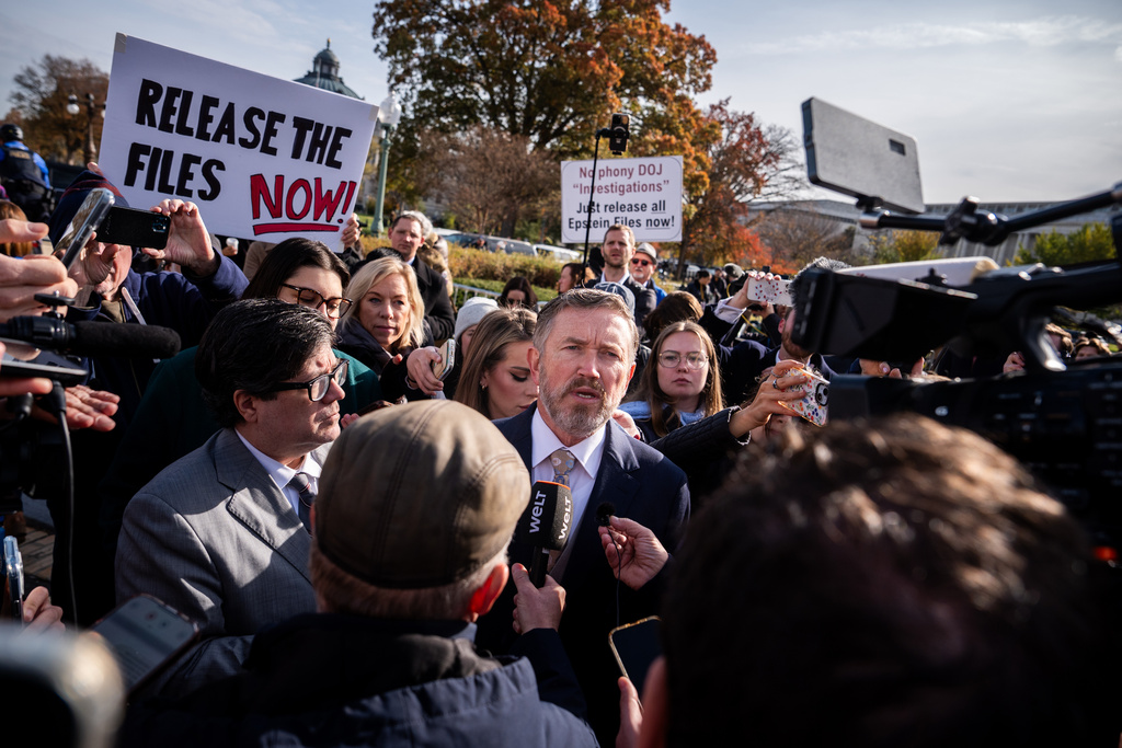 Rep. Thomas Massie, R-Ky., speaks to reporters following a news conference on the Epstein Files Transparency Act, Tuesday, Nov. 18, 2025, outside the U.S. Capitol in Washington. (AP Photo/Julia Demaree Nikhinson)