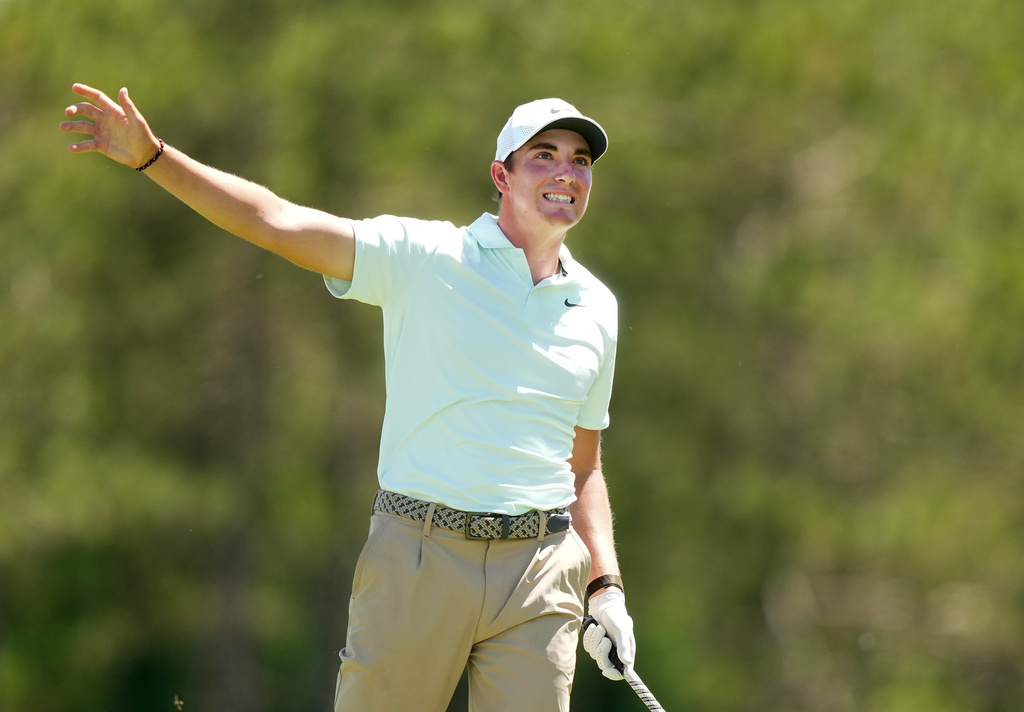 Ben James reacts to his tee shot on the second hole during the third round at the Canadian Open golf tournament in Caledon, Ontario, Saturday, June 13, 2026. (Nathan Denette/The Canadian Press via AP)