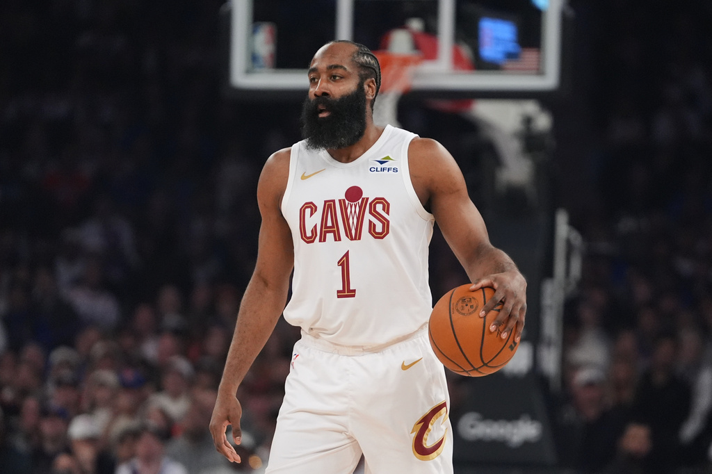 FILE - Cleveland Cavaliers' James Harden during the first half of Game 2 in the Eastern Conference finals NBA basketball playoffs series against the New York Knicks, May 21, 2026, in New York. (AP Photo/Frank Franklin II, File)