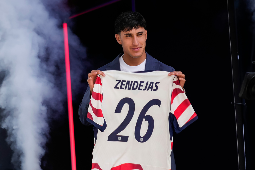 Forward Alex Zendejas of the United States men's national soccer team is presented during the announcement of the team roster on Tuesday, May 26, 2026, in New York City, ahead of the 2026 FIFA World Cup. (AP Photo/Eduardo Munoz Alvarez)