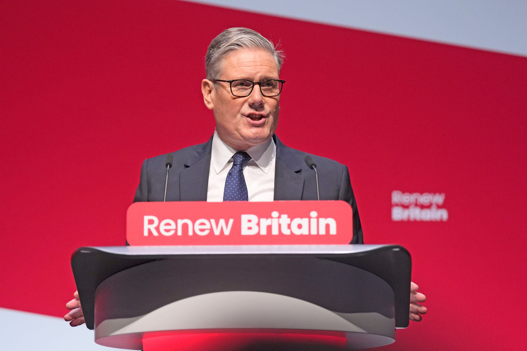 Britain's Prime Minister Keir Starmer speaks during the Labour Party Conference in Liverpool, England, Sunday Sept. 28, 2025. (Danny Lawson/PA via AP)